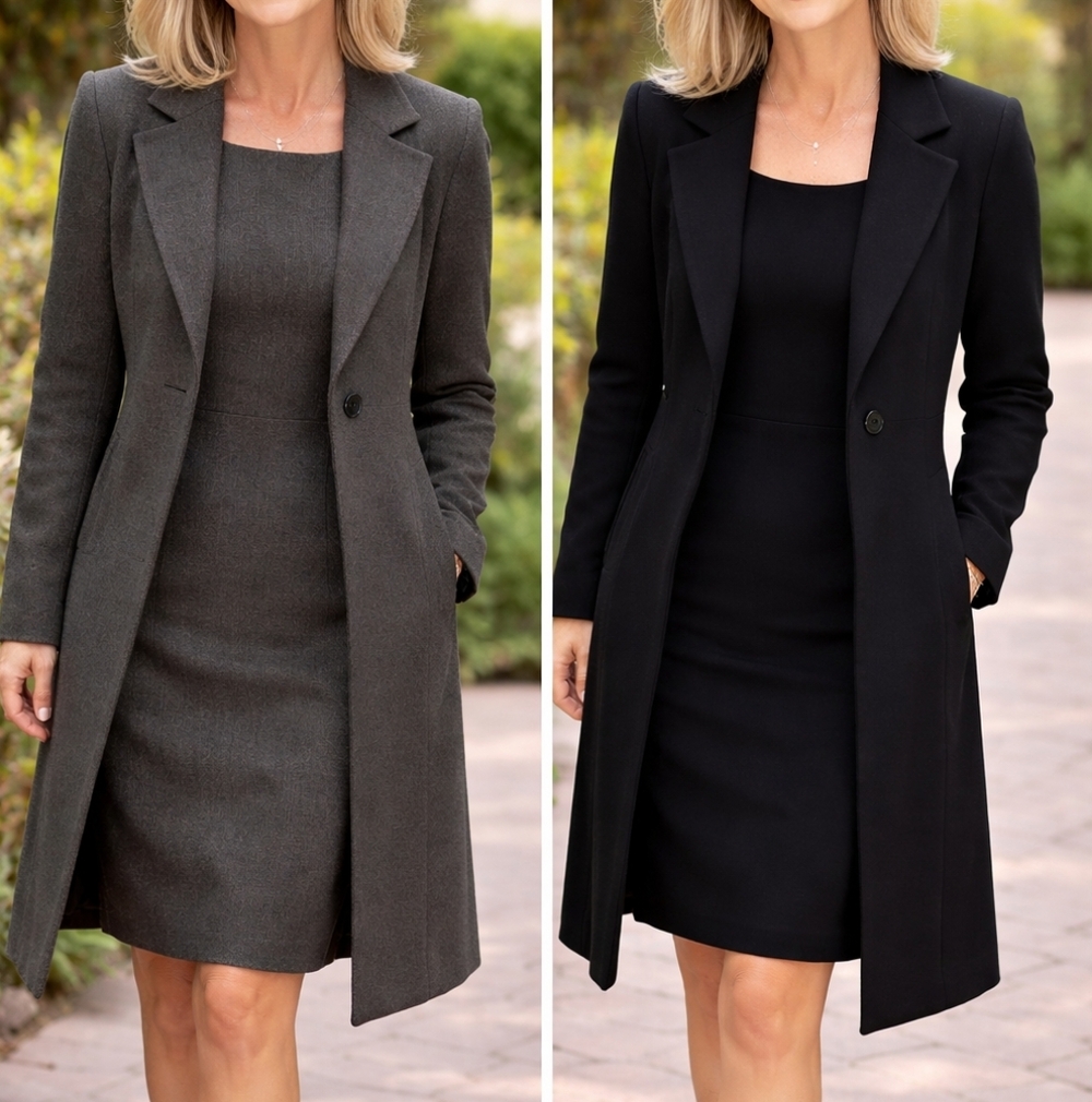 Classic Long Single-Button Coat With Sleeveless Dress - Size 12 Black